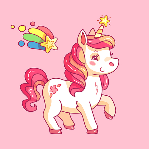 Cute fairy unicorn. Cartoon rainbow pony. Funny fairytale mythology rainbow horse character girlish pink poster or unicorns vector background for childish birthday greeting card