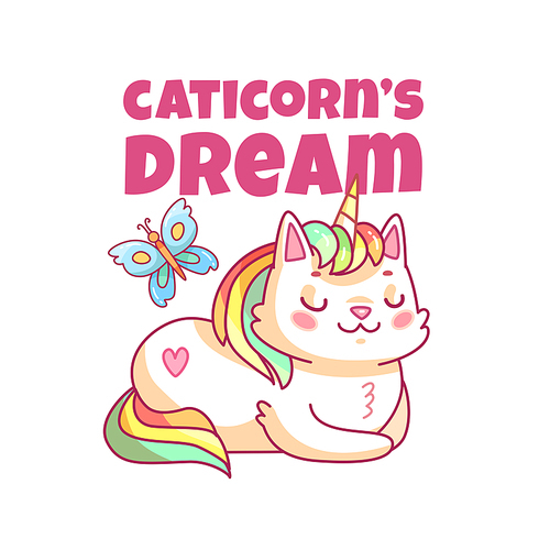 Cat unicorn poster. Cute cartoon caticorn, funny magic kitty pet. Kids girl clothes magical fantasy fairy rainbow kitten shirt , horned character vector colorful illustration