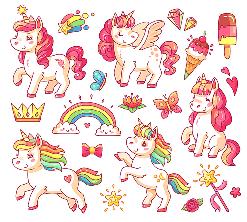 Cute fairytale pink flying rainbow pegasus sticker baby unicorn with gold stars and sweet ice creams. Magic fairy little pony fantasy unicorns cartoon vector illustration set