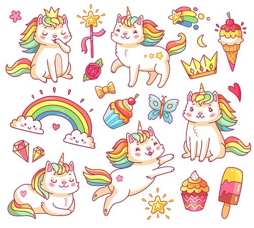 Cute magic colorful fairytale funny unicorn cats in crown, sweet cupcakes, ice cream, rainbow and clouds. Cartoon fairy smiling cat creature, kitty with color tail vector set illustration