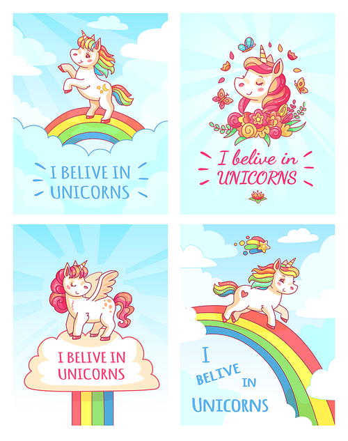 Greeting fantasy card writing design for girl with slogan I believe in unicorns . Rainbow colorful cute magic fairytale cartoon pink unicorn on sky typography poster  vector