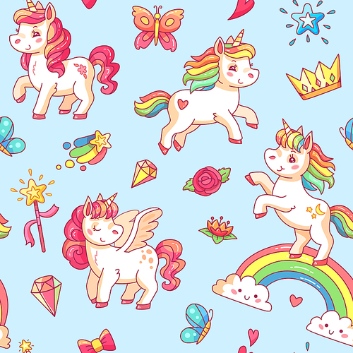 Cartoon babe pony sketch cute pastel background. Miracle sweet dreams with magic colorful pink fancy fairytale unicorn, clouds and rainbow vector seamless pattern poster illustration