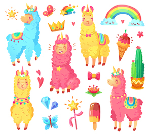 Funny fairytale cute mexican smiling colorful yellow, pink, blue alpaca with fluffy wool and cute rainbow llama unicorn. Magic rainbow wildlife character pets cartoon illustration set