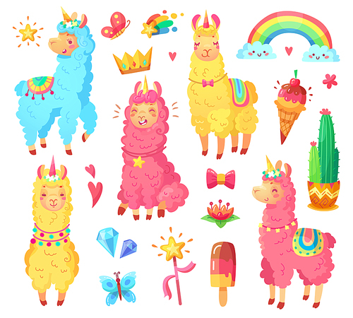 Funny fairytale cute mexican smiling colorful yellow, pink, blue alpaca with fluffy wool and cute rainbow llama unicorn. Magic rainbow wildlife character pets cartoon illustration set