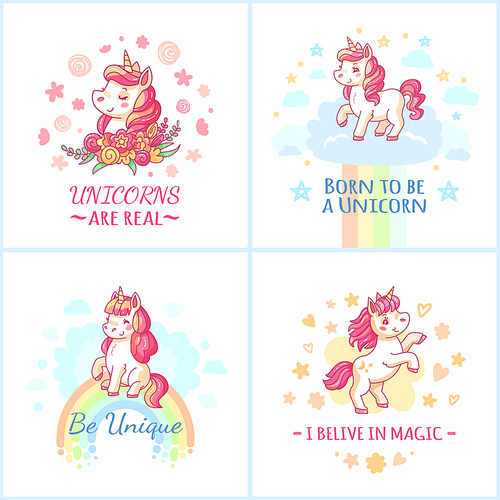 Fairy colorful character unicorn birthday poster. Sweet pink fairytale magic motivational unicorns on rainbow cloud from happy dreams printable posters vector set