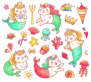 Mermaid princess kitty cat cartoon characters. Colorful underwater sweet cute magic fairy cats mermaids vector illustration set