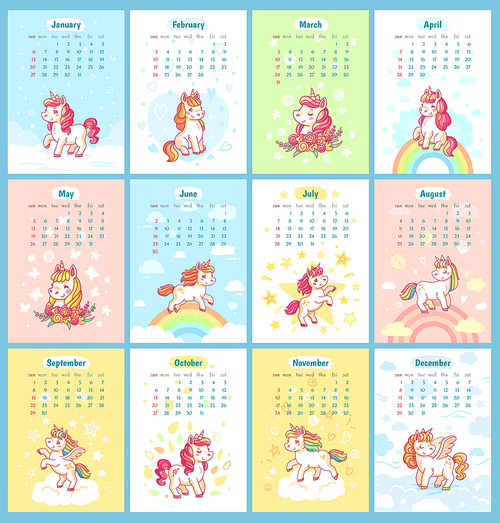 Sweet fairytale girl dream cute magic colorful pink green and yellow unicorn 2019 year monthly calendar for kids. Fairy happy unicorns with rainbow cartoon vector template for calendars design