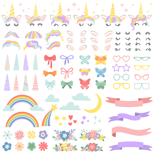 Unicorn constructor. Pony mane styling bundle, unicorns horn and party star glasses. Flowers, magic rainbow and head bows for fairy pony face hairstyle creating cartoon isolated vector icons set