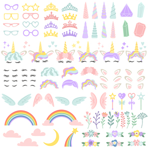 Pony unicorn face elements. Pretty hairstyle, magic horn and little fairy crown. Unicorns character head creative rainbow, wreath and hairstyle. Girly cartoon vector isolated illustration icon set