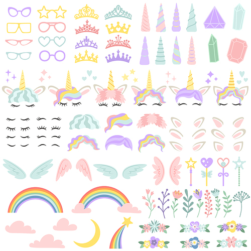 Pony unicorn face elements. Pretty hairstyle, magic horn and little fairy crown. Unicorns character head creative rainbow, wreath and hairstyle. Girly cartoon vector isolated illustration icon set