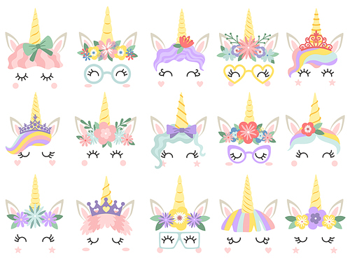 unicorn face. beautiful pony unicorns faces, magic horn in  flower wreath and pony cute eyelashes head, fairytale rainbow magical cartoon vector isolated icons illustration set