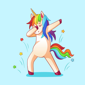 Dabbing unicorn. Dab dancing meme pose, dreamy horse in cool glasses. Memes dance memes dreaming unicorn character, happy smiling fantasy magic mythology cartoon vector illustration