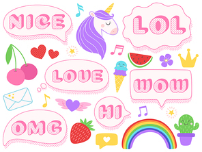 Cute lol stickers. Wow, omg and nice girls doll sticker. Funny surprise pink patches with dotted texture. Unicorn, cherry and ice cream stickers, teenager isolated vector symbols set