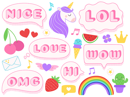 Cute lol stickers. Wow, omg and nice girls doll sticker. Funny surprise pink patches with dotted texture. Unicorn, cherry and ice cream stickers, teenager isolated vector symbols set