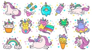 Cute hand drawn patches. Magic fairytale pony unicorn, fabulous cat and sweet candy stickers. Ice cream patch sticker or kitty doodle badges. Cartoon isolated vector illustration symbols set