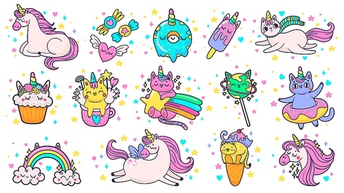 Cute hand drawn patches. Magic fairytale pony unicorn, fabulous cat and sweet candy stickers. Ice cream patch sticker or kitty doodle badges. Cartoon isolated vector illustration symbols set