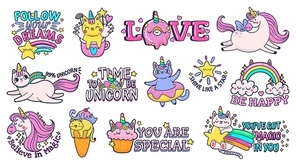 cute slogan patches. time to be unicorn, shine  star and follow your dreams signs with happy cat, sweet candies and magic pony. motivation slogan vector sticker isolated illustration signs set