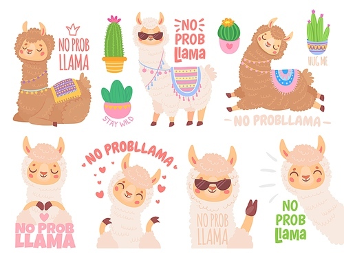 No prob llama. Cool llamas have no problems, wildlife animals no problem quote illustration vector set. Funny lama stickers with positive quotes. Adorable mammals optimistic lifestyle sayings pack