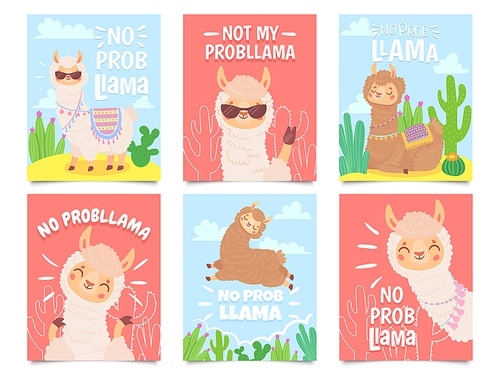 No prob llama posters. Cute llamas have no problems greeting cards, beautiful wildlife animals. Motivation alpaca llama character quote slogan card. Isolated vector illustration icons set