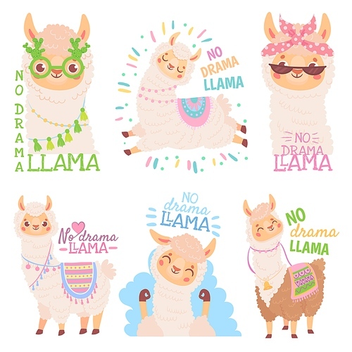 No drama llama. Funny llamas or cute alpacas quote, happy mexican alpaca vector illustration set. Collection of adorable fluffy domestic South American or Andean animals. Bundle of amusing crias.