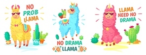 Llama poster. No drama llama and no prob llama vector illustration set. Alpaca character, lama no drama, funny and happy colored animal