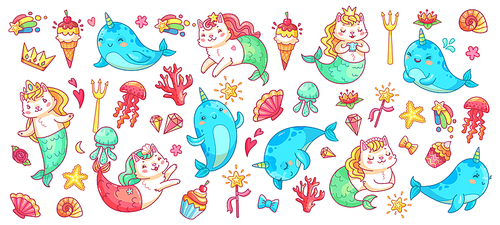 Unicorn narwhal and mermaid cat. Vector illustration set. Magic fantasy animal, mythological mermaid cat. funny myth, ice cream and fish