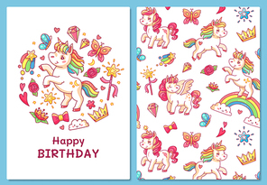 Magic cute unicorn greeting card. Cartoon vector template greeting card, cartoon unicorn and birthday card with rainbow, invitation poster illustration