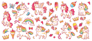 Cute pony and cat unicorns. baby rainbow pegasus and caticorn, diamond and crown, butterfly and magic wand isolated cartoon vector characters set for kids book