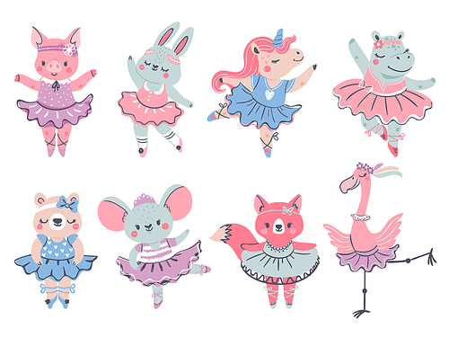 Ballet animals. Bunny, fox and unicorn ballerina in scandinavian style. Pig, bear, hippo and flamingo dance in tutu. Girl fashion vector set. Ballerina animal in dress, cute bunny dancer illustration