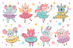 Animal fairy ballerina. Princess unicorn, bunny and koala with ballet tutu, wings and wand. Elephant crown dance. Vector ballerina and ballet adorable koala elephant, sheep in crown illustration