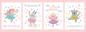 Animal princess in tutu. Magic fairy unicorn, bunny, cat and koala in ballet dresses. Scandinavian nursery ballerina  design vector set. Illustration ballet and unicorn, koala and bunny