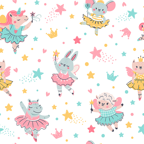 Ballerina animal seamless pattern. Hand drawn baby bunny, unicorn, mouse in ballet tutu. Girls birthday, baby shower, t-shirt vector . Illustration pattern drawn ballerina bunny baby or mouse