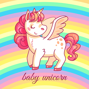 Cute baby unicorn. Cartoon fairy magic pony on rainbow. Funny fairytale pink rainbow horned horse character for girlish t-shirt, birthday greeting card or sticker vector design