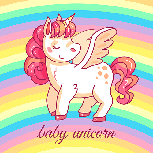 Cute baby unicorn. Cartoon fairy magic pony on rainbow. Funny fairytale pink rainbow horned horse character for girlish t-shirt, birthday greeting card or sticker vector design