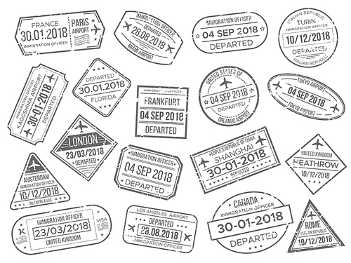 Simple business airport cachet mark and customs airplane passports control stamp. Foreign Japan UK Italy China Canada France travel and immigration passport official stamps vector stamps sign set