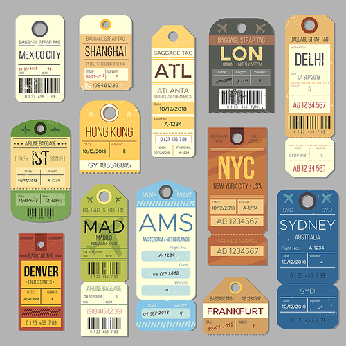 Luggage carousel baggage vintage tag symbols. Old train ticket and airline journey stamp symbol. London tour trip ticket vector set. Retro travel luggage labels