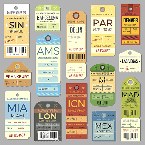 Old luggage tag or retro label with flight register symbol. Isolated vintage airline baggage tags and airport tickets vector set