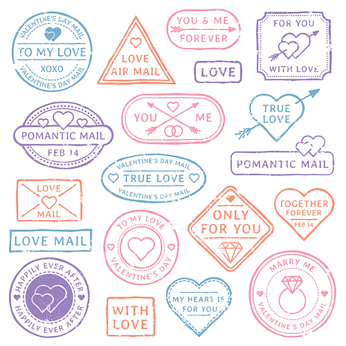 Vintage love letter postcard, Valentines Day postmarks. Stamps with hearts, orange purple red blue pink mail seal for wedding postcards with love. Romantic relationships travel postal vector stamps
