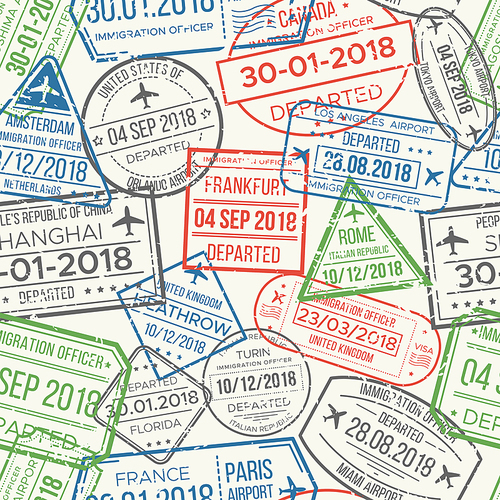 Travel visa airport stamps seamless pattern. Traveling document, vise to UK China France Canada or grunge passport rubber stamp colorful red green gray blue patterns vector background collection