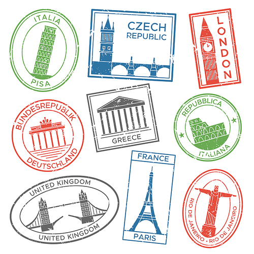 Vintage travel stamps for postcards with europe countries architecture attractions country culture trip tours sticker. Post stamp stickers for travels postcard colorful vector isolated icon set