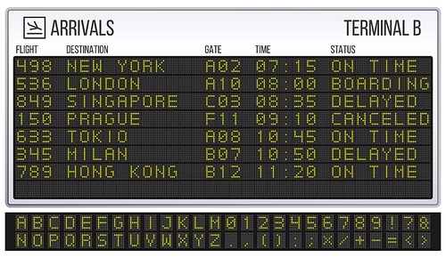Airport scoreboard. Digital LED board font, arrivals and departures signs. Departure railway information, arrival abc and numbers info display realistic symbols vector illustration