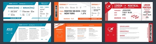 Airplane tickets. Airline ticket template with passenger name, aircraft trip flying tickets. travelling departure plane ticket, aircraft travel card vector illustration set