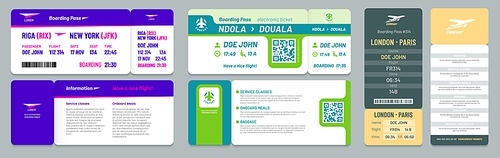 Airline tickets. Airplane boarding pass, travel flight invitation and business airplane trip ticket. Air traveling tickets document with flight date. Isolated vector illustration icons set