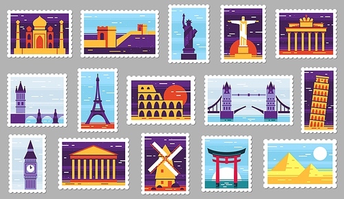 World cities post stamps. Travel postage stamp design, city attractions postcard and town. Monumets post letter stamping, travelling mail stamps. Isolated vector illustration icons set