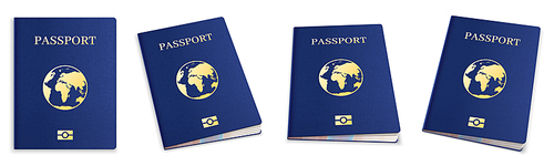 Realistic 3d passport set. International passport cover template for travelling, personal immigration. Blue id document with globe for tourism goal, personal data vector illustration.
