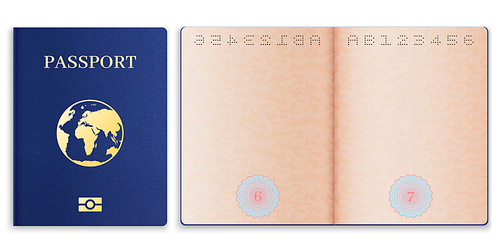 Passport mockup. Realistic blank open pages paper with watermark foreign passport, document cover with globe, id tourist, vector template for traveling, personal immigration, data info