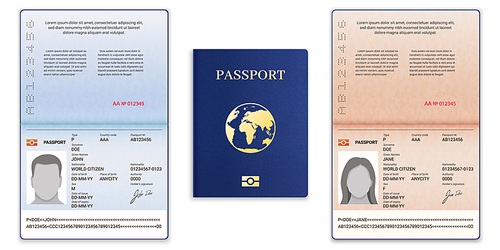 Passport template. International open passport with sample personal data page man and woman document for travel and immigration, vector set. Blue cover with globe, realistic id with information