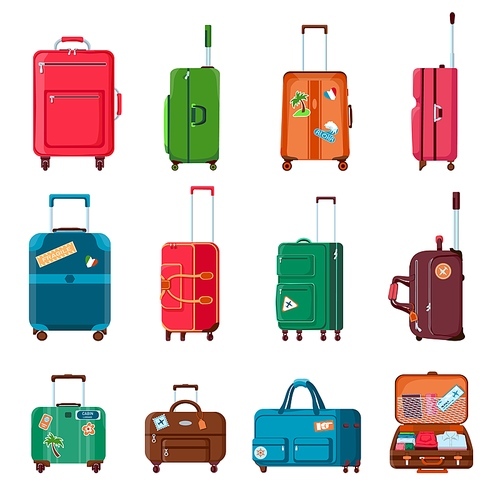Travel suitcases. Backpacks, bags, plastic or open suitcase with wheels. Cartoon tourist baggage with sticker. Hand luggage vector set. Baggage and luggage to travel, suitcase and bag illustration