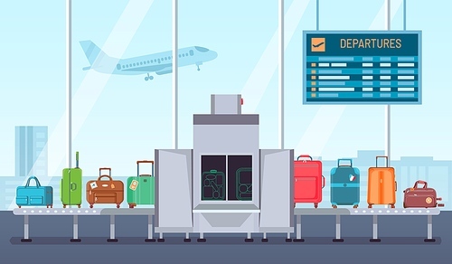 Airport baggage scanner. Conveyor belt with luggage and inspection control terminal. Security check for bags and suitcases vector concept. Illustration luggage airport security, check and scanner