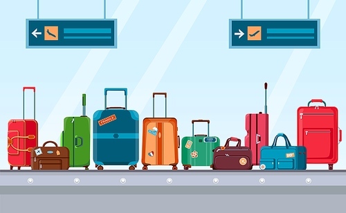 Airport conveyor belt with luggage. Carousel system with travel suitcases and bags with stickers. Cartoon baggage claim area vector concept. Illustration airport with luggage and baggage
